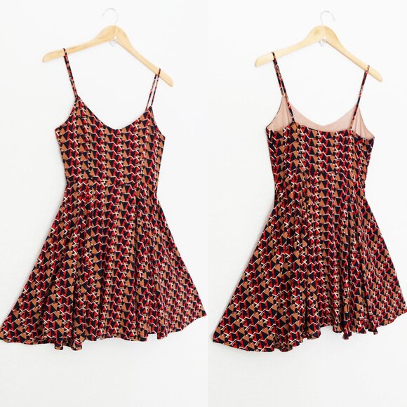 Miss Me Retro Geometric Print Fit Flared Skater Dress S V Neck Pinup Y2K Vintage - Picture 15 of 16